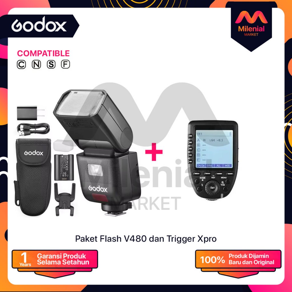 Paket Flash Godox V480 + Trigger XPRO V480 V 480 Canon Fujifilm Nikon Olympys Sony