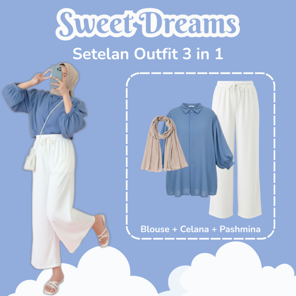 Setelan Remaja Perempuan ( Blouse Polos, Celana Kulot, Hijab Pashmina ) one set ootd hijab