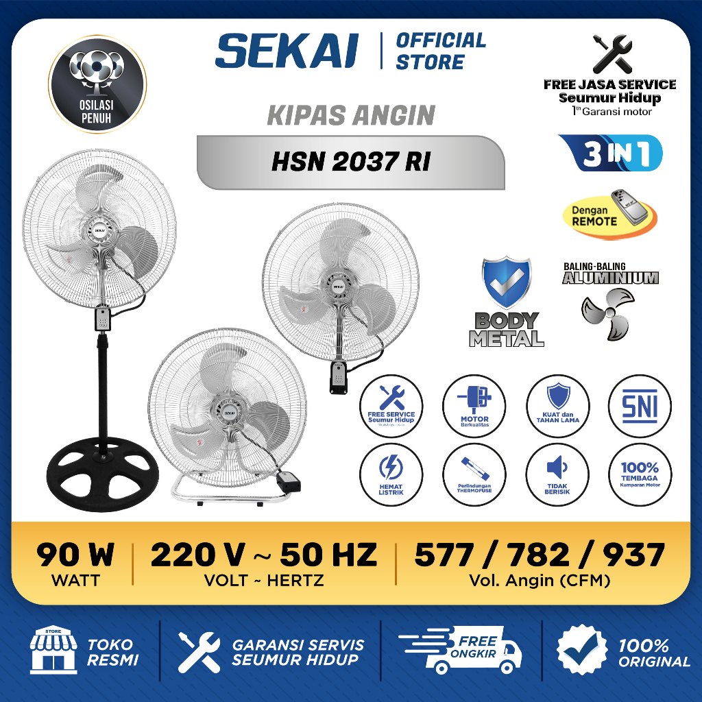 SEKAI Kipas Angin Berdiri Tornado / Kipas Angin Meja / Kipas Angin Dinding Remote 20 Inch - HSN 2037