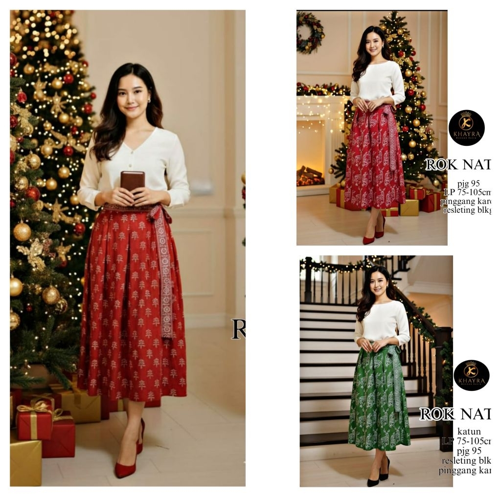 ROK PAYUNG BATIK MIDI TEMA NATAL WARNA MERAH HIJAU