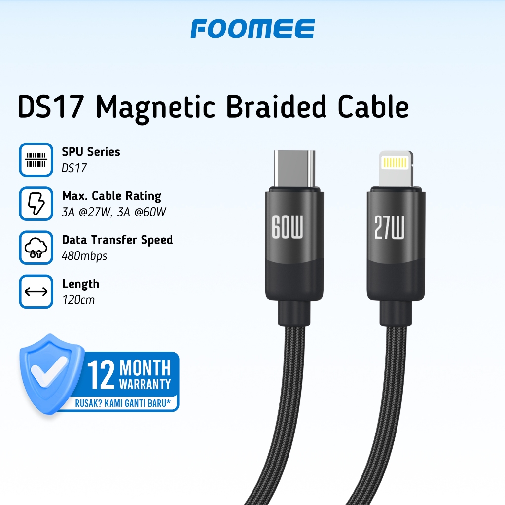 [FOOMEE] DS17 | Magnetic Braided Cable | USB-C to USB-C/USB-C to Lightning | 27W/60W | 120cm | Anti 