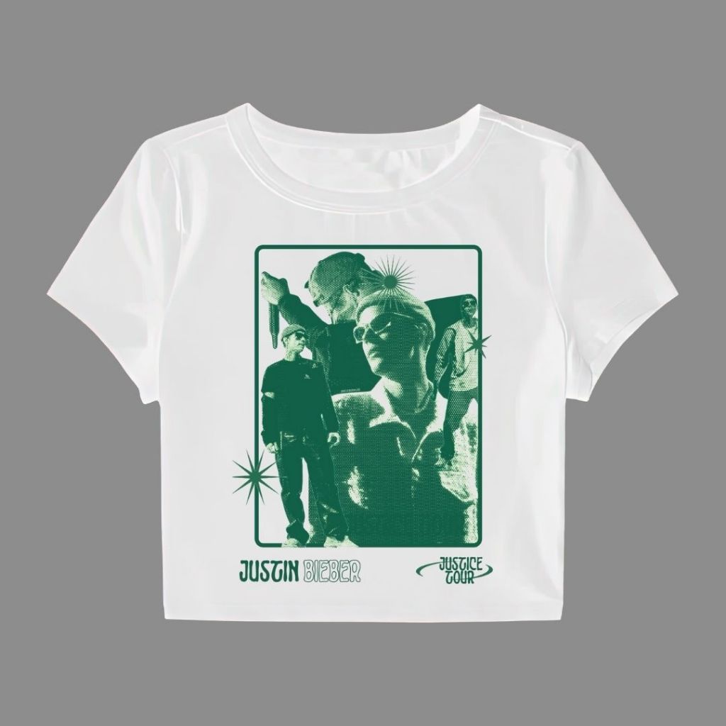 Kaos Crop Top "Justin Bieber" Putih | Slimfit | Kaos Wanita | Crop Tee | Kaos Music