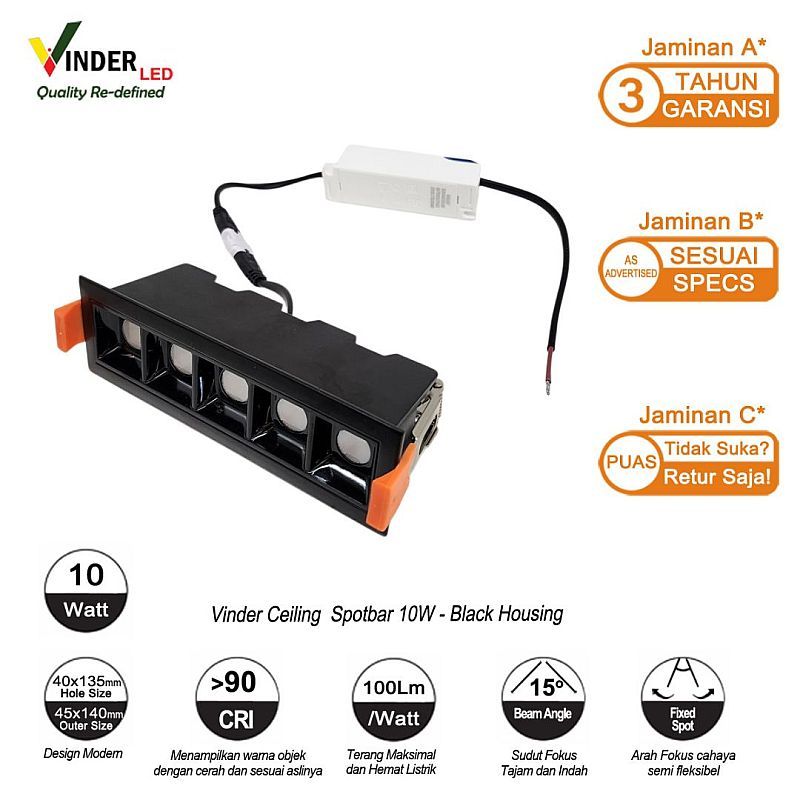 Vinder Ceiling Spotbar Downlight 10 Watt 10w Inbow Body Black / Lampu Penerangan Etalase Toko Emas