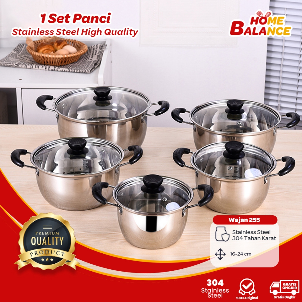 HomeBalance 1 Set Panci Stainless Steel / Set Panci Tutup Kaca / Panci Masak Serbaguna 267
