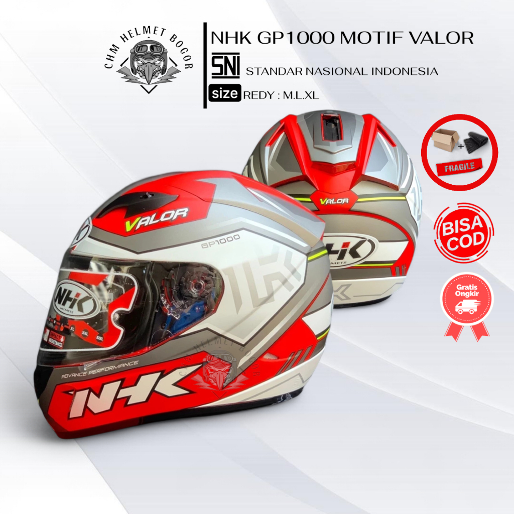 HELM FULL FACE NHK GP1000 VALOR RED SILVER DOFF DOUBLE VISOR FULL FACE ORIGINAL SNI