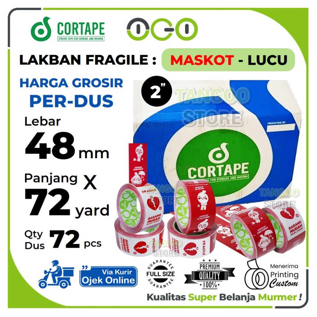 Lakban Selotip Cortape Fragile Unboxing Maskot - Merah 48mm x 72yard 2inch Harga PerDus 72pcs -Ojol