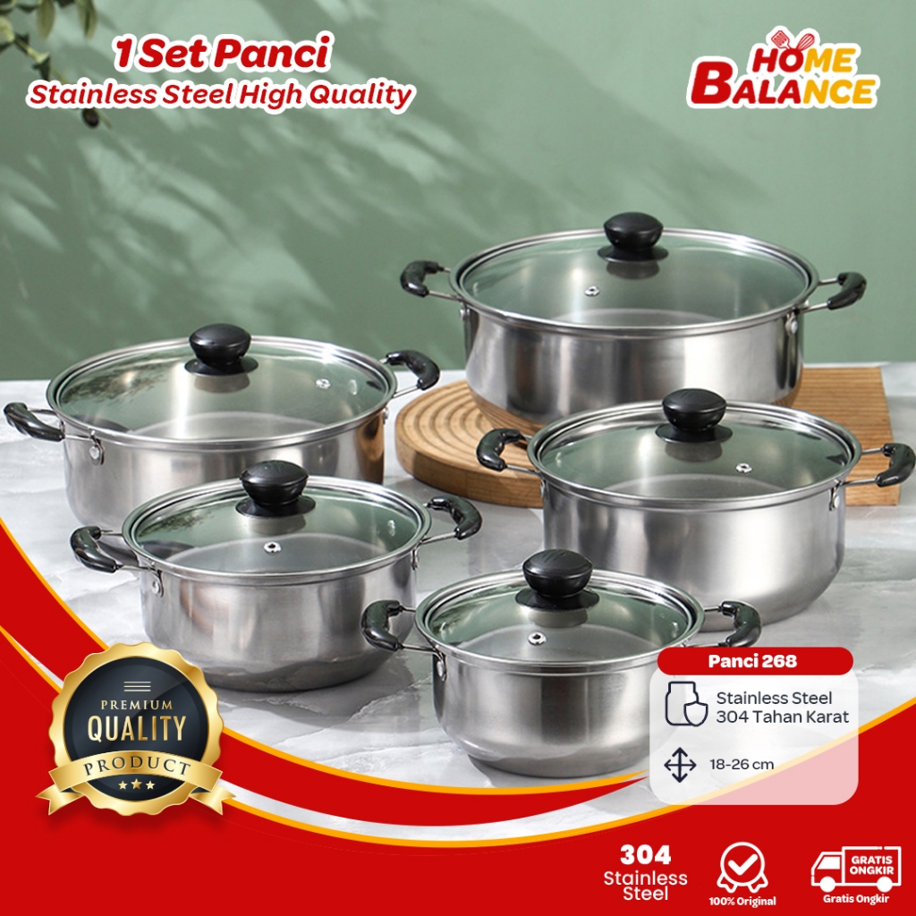 HomeBalance 1 Set Panci Stainless Steel Tutup Kaca / Panci Masak Serbaguna 268