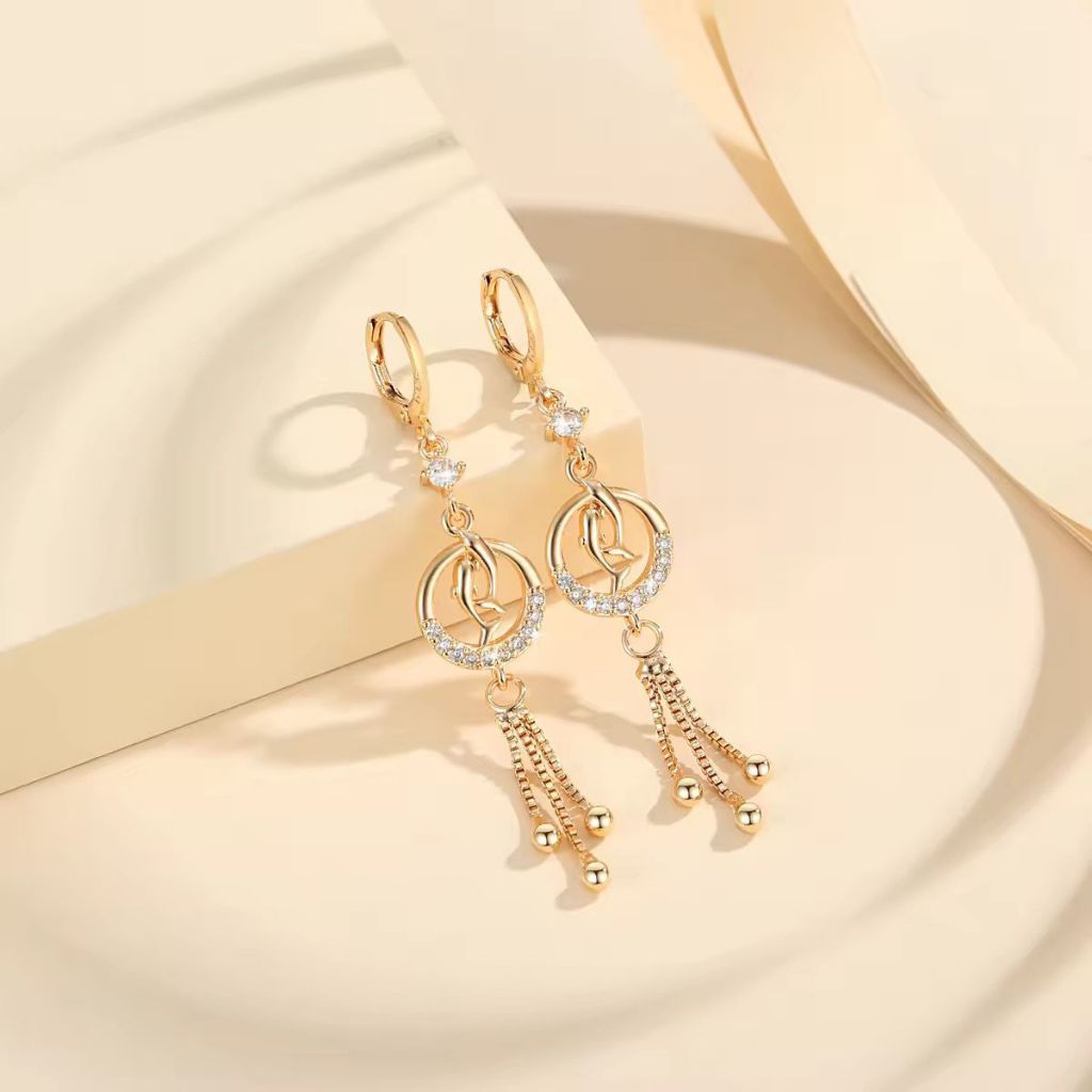 anting panjang mewah titanium gold cantik