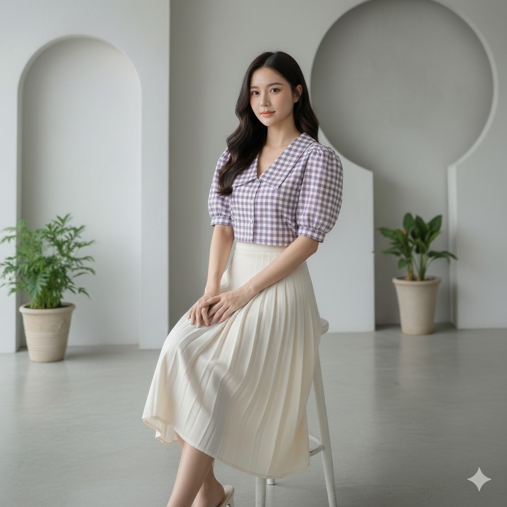 LOLLY TOP - FUJI Crop Top Baju Wanita Katun Tangan Balon Puffy Puff Kerah Lebar Kancing Karet Belaka