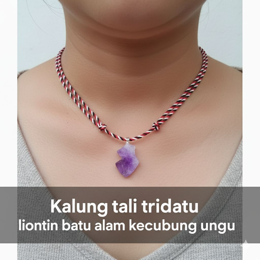 Kalung tali tridatu liontin batu alam kecubung ungu original