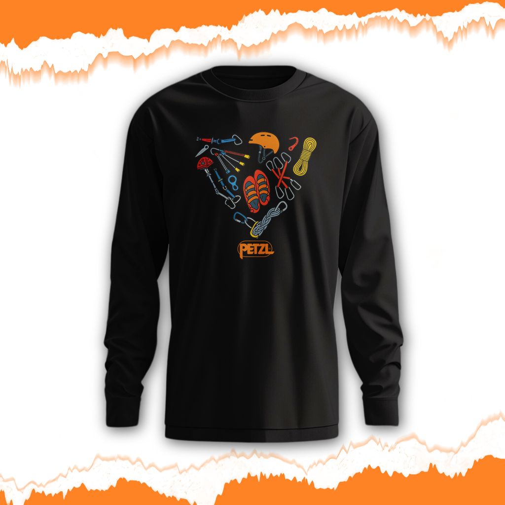 Kaos Baju Petzl Climbing Gear Unisex pria dan wanita Lengan Panjang Cotton Combed 11 Corvus