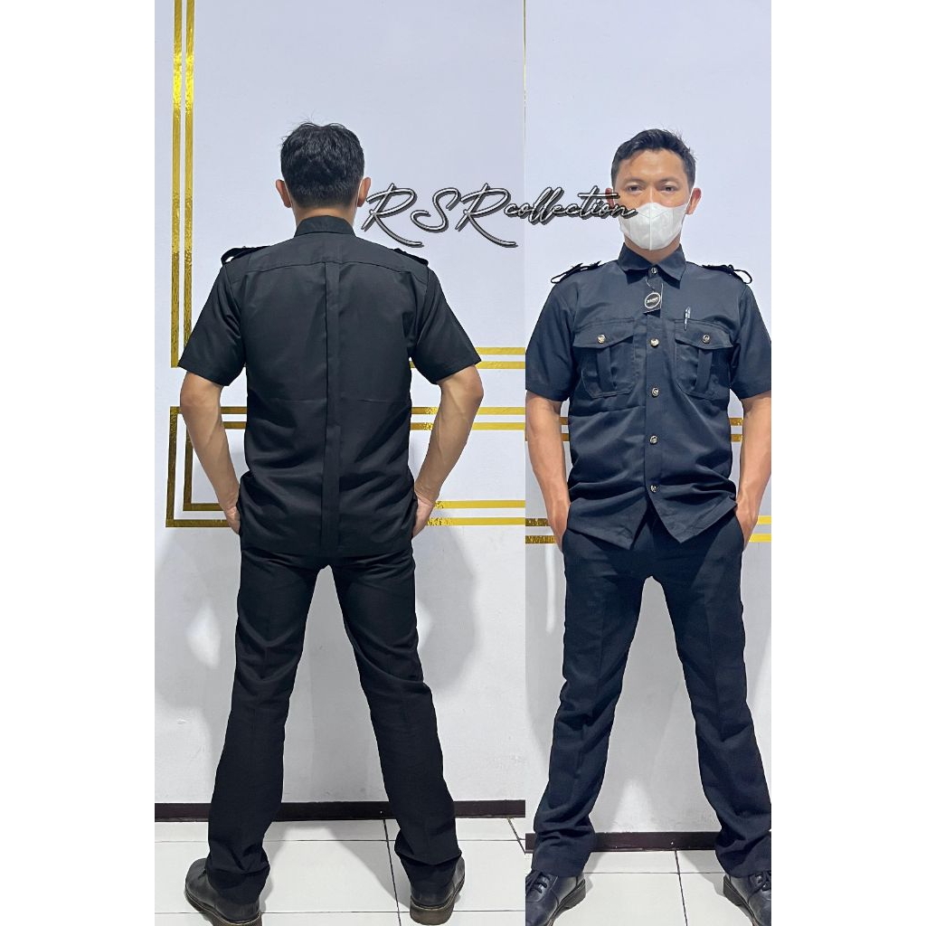 seragan satpam hitam/seragam safari security hitam/setelan security hitam pendek/seragam supir priba