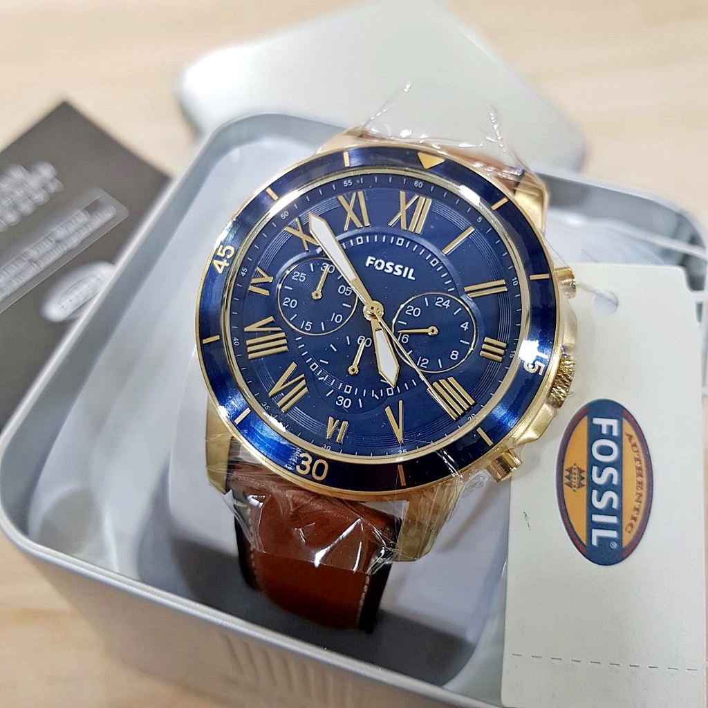 Jam Tangan Pria FS5268 FS 5268 Chronograph Navy Dial Gold Brown Leather