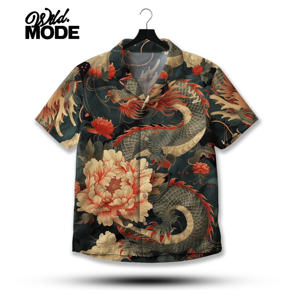 WILD Kemeja Full Print Ilustrasi Naga Bunga Oriental – Desain Vintage Mythical Art | WD-625