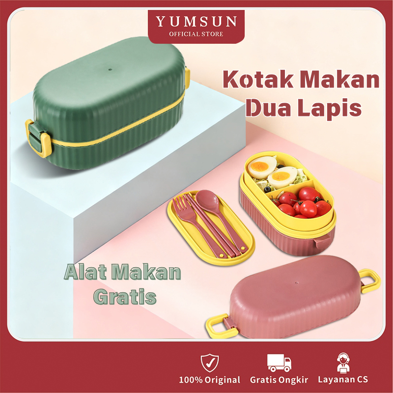 YUMSUN Lunch Box 900ML/Set Kotak Bekal Makan 2 Sekat/ Tempat Makan Lucu/ Tempat Bekal Makan Anti Tum