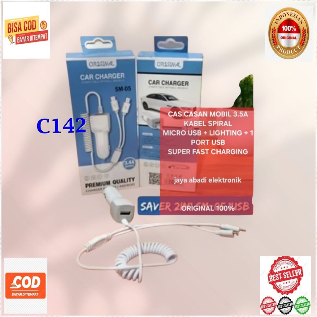 C142 ORI 100% ADAPTOR ADSS SAVER 3.5A 3IN1 3A CAR CHARGER SPIRAL SPRING TRAVEL ADAPTER CAS CASAN MOB