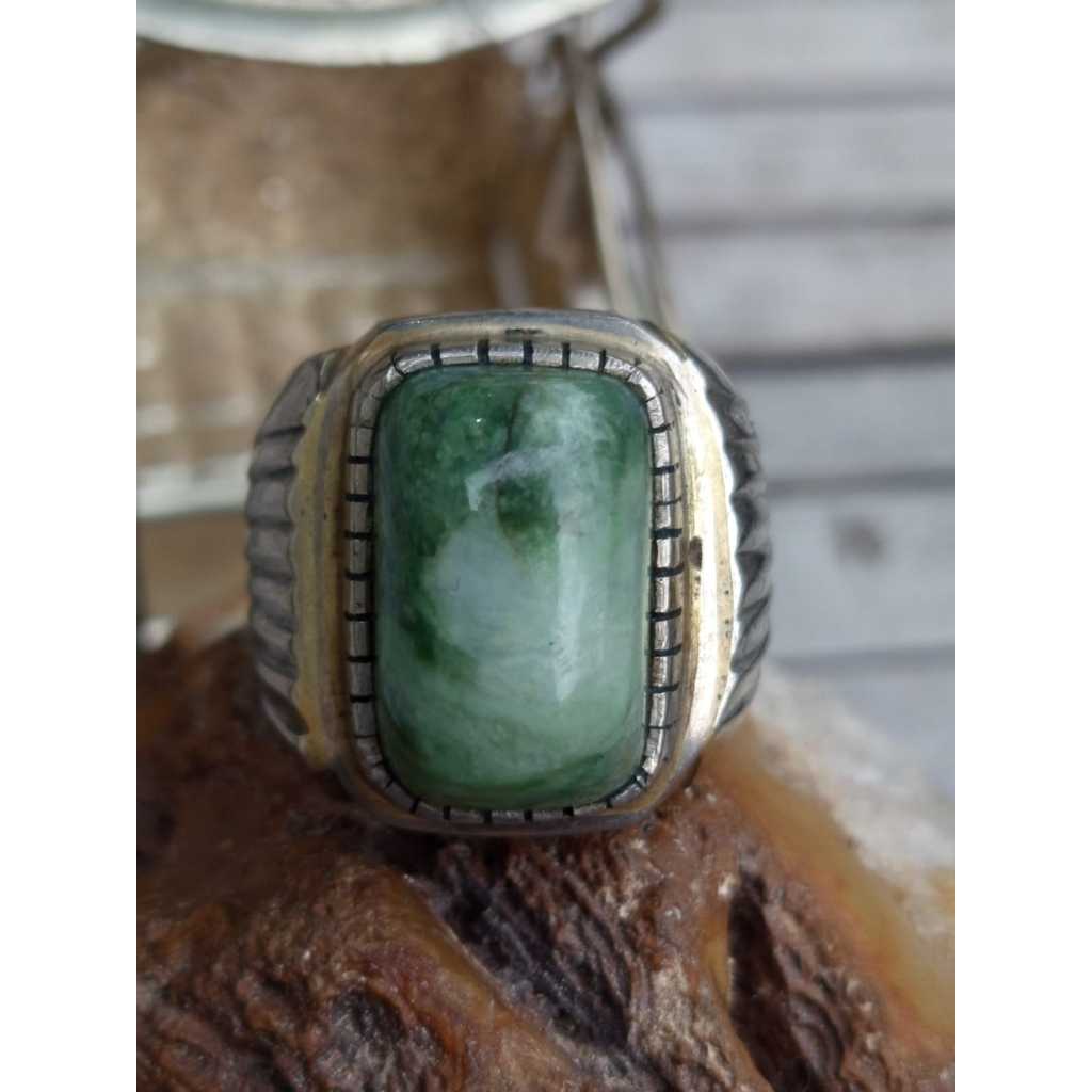 Natural Giok Burma Type A Kristal Octagon Ring Koin Handmade