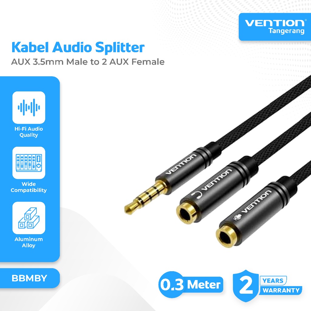 Vention Kabel Audio Splitter AUX 3.5mm Male to 2 AUX Female Audio & Mic Cotton Braided Stereo Metal 