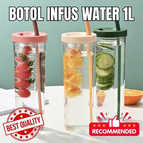 Botol Infused Water 1 Liter – Botol Infus Buah dengan Sedotan | BPA Free | Stylish & Praktis