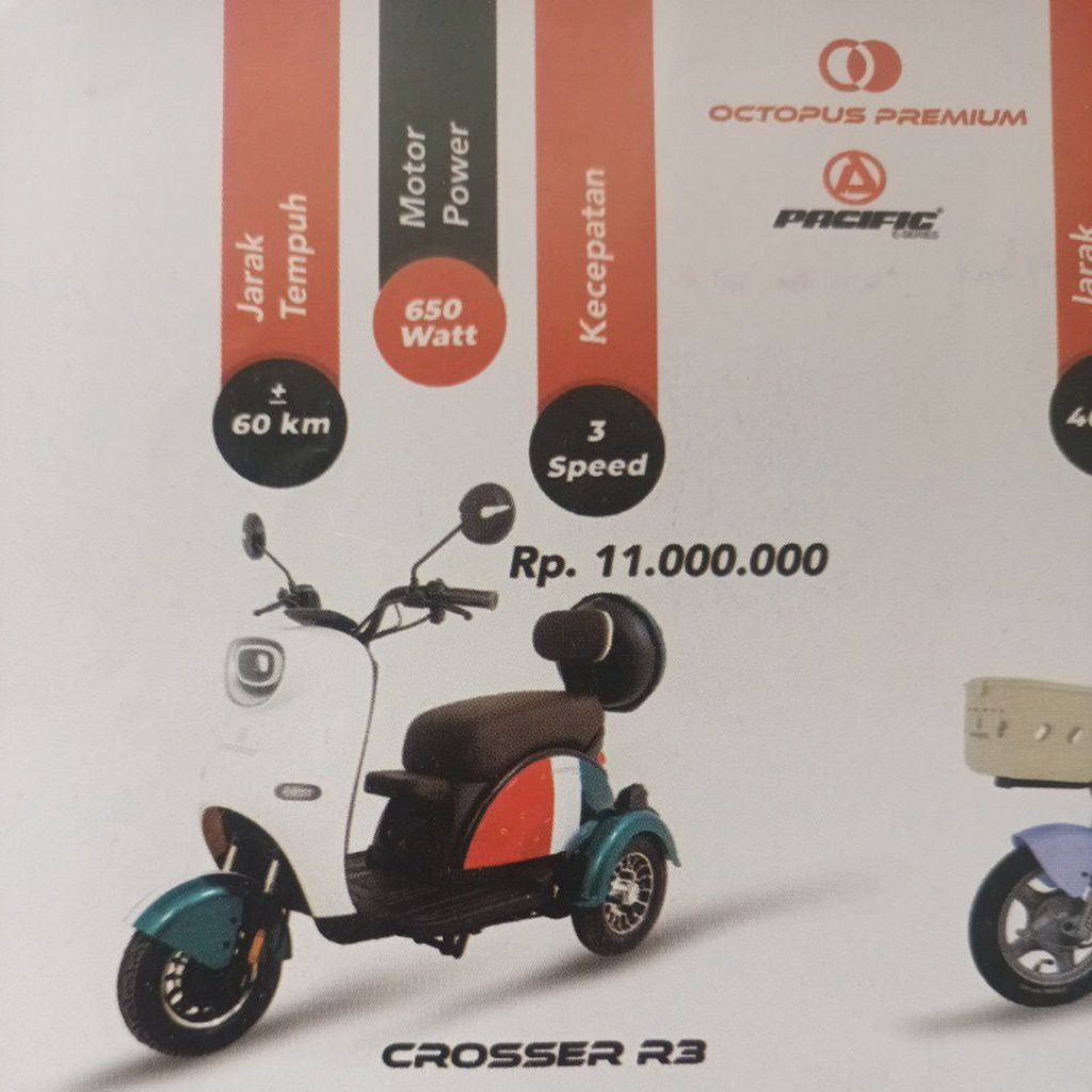 sepeda listrik/motor listrik roda tiga pasific crosser
