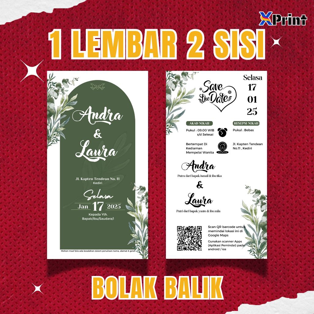 Cetak undangan pernikahan 1 lembar 2 sisi bolak balik
