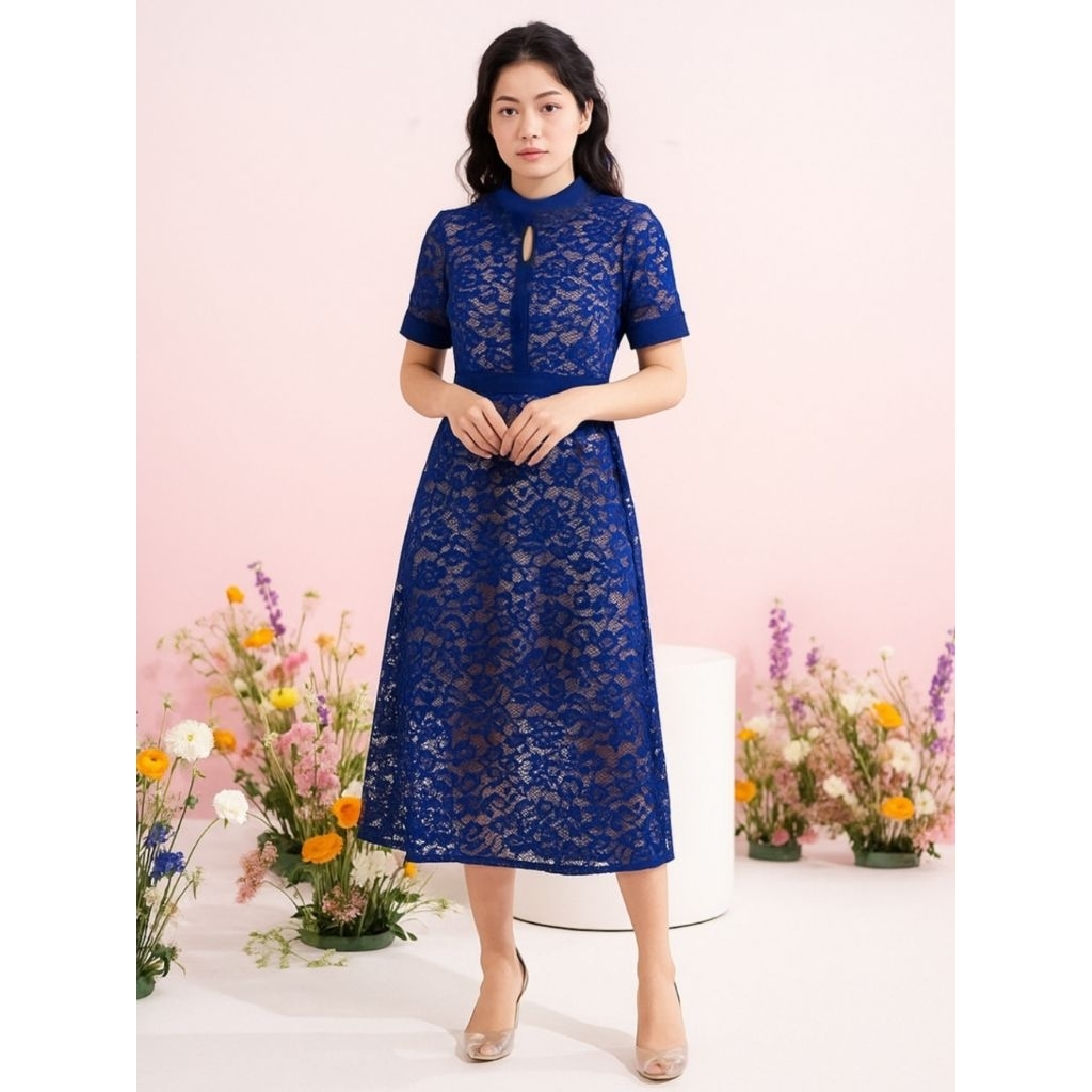 Dress Brokat Elegan Midi Lengan Pendek – Gaun Kebaya Pesta Wanita Jumbo Modern Cantik Mimi Mc
