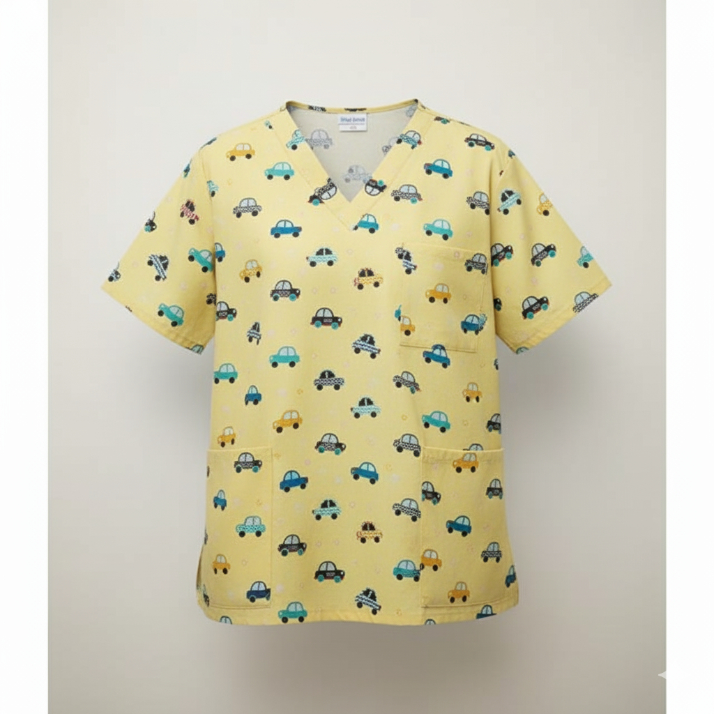 Baju jaga dokter / Baju perawat / Baju KoAs motif karakter mobil BG kuning