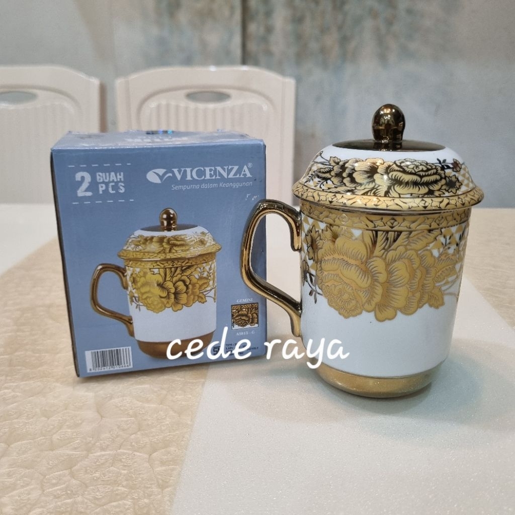 mug tutup keramik porslen vicenza motif gemini CR - Y66