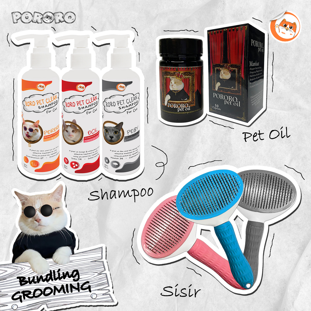 PORORO Paket Grooming Shampo Sisir Vitamin 250ml & Pet Oil 50 Capsule untuk Kucing Anti Flea & Kutu 