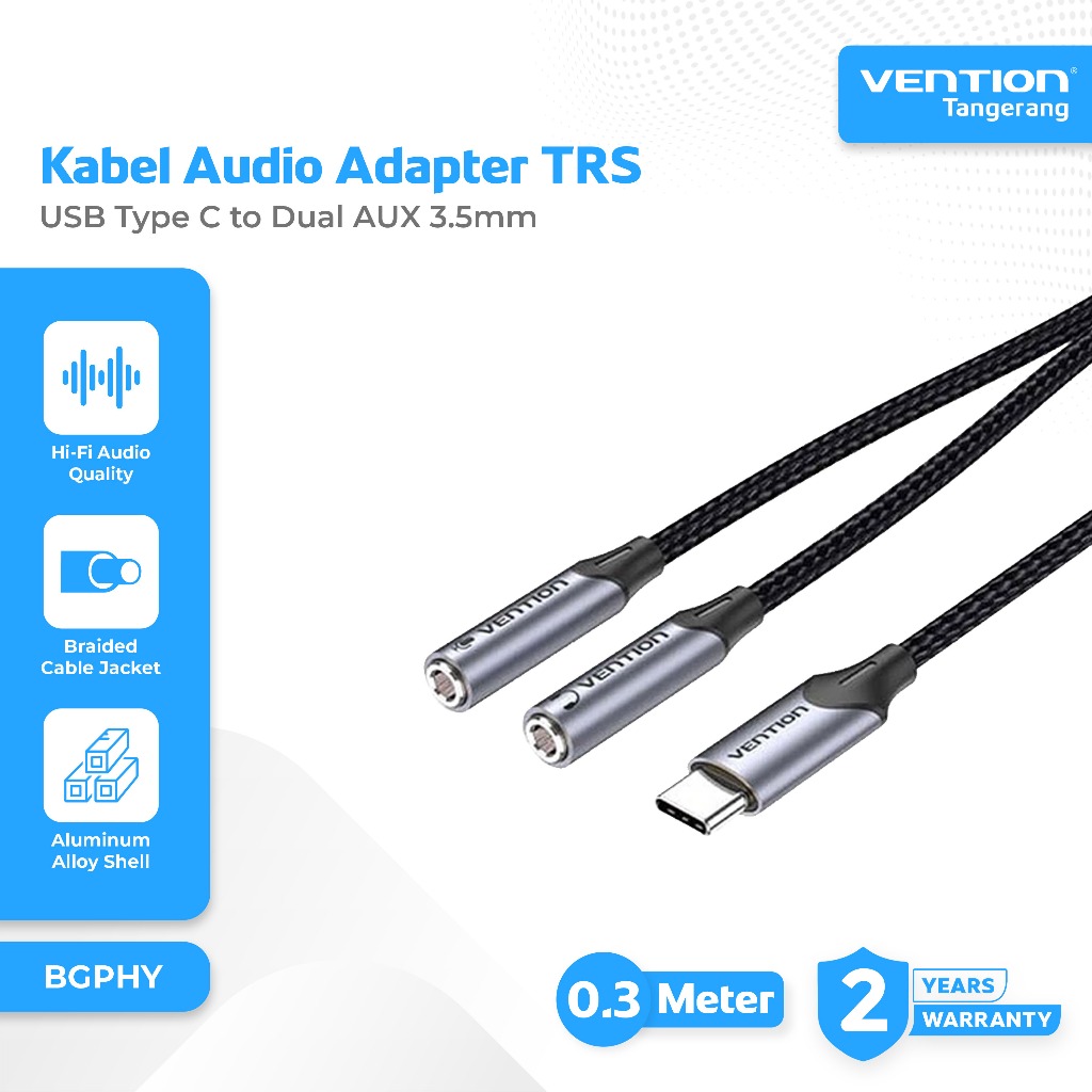 Vention Kabel Audio Adapter USB Type C to TRS Dual AUX 3.5mm Audio & Mic Jack Splitter Cable Cotton 