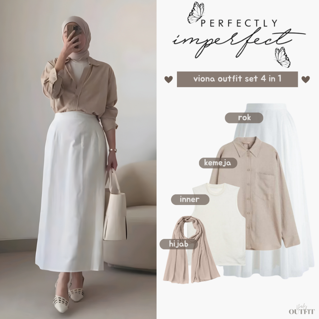 Outfit Wanita Kekinian ( Kemeja + Inner + Rok Payung + Pashmina ) One set OOTD Casual - Viona