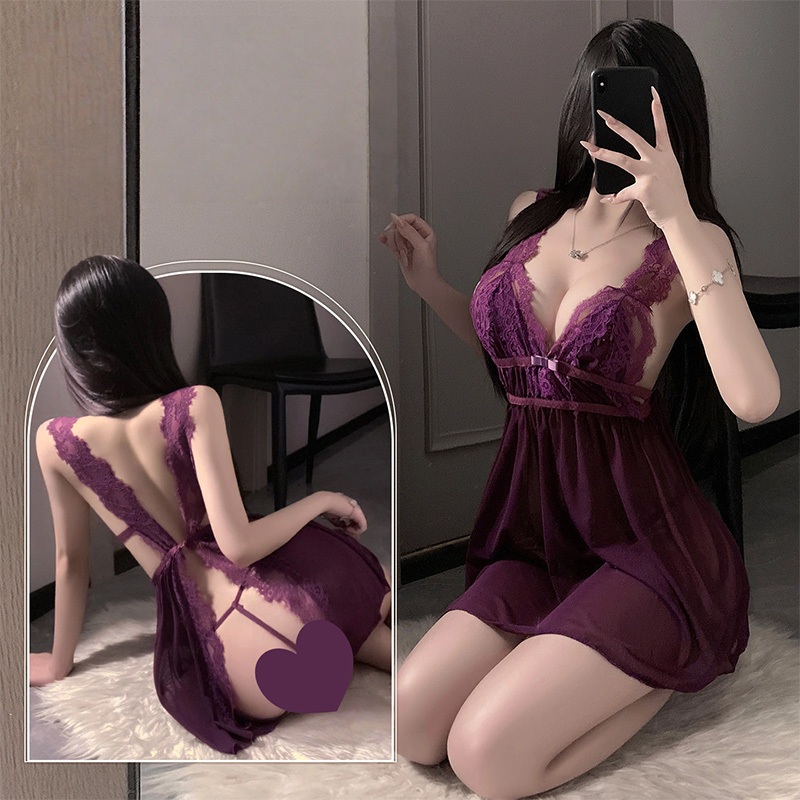 Baju Tidur Wanita Fashion Lucu Style Nightdresses Transparan Tanpa punggung Renda G string Setelan L