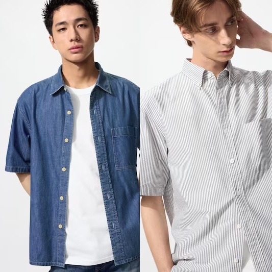 SALE Men Kemeja Lengan Pendek Seersucker / Denim Short Sleeve Shirt Pria Wanita Unisex UNIQLO JASTIP