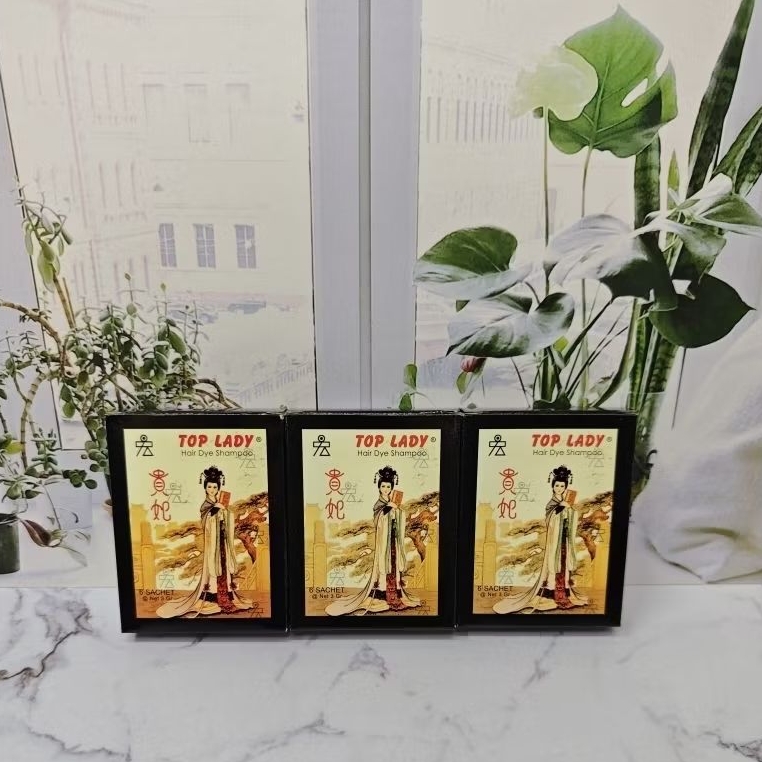 Top Lady Hair Dye Shampoo – 3 Pak Isi 18 Sachet | Cat Rambut Herbal Praktis Cepat Hitam Berkilau