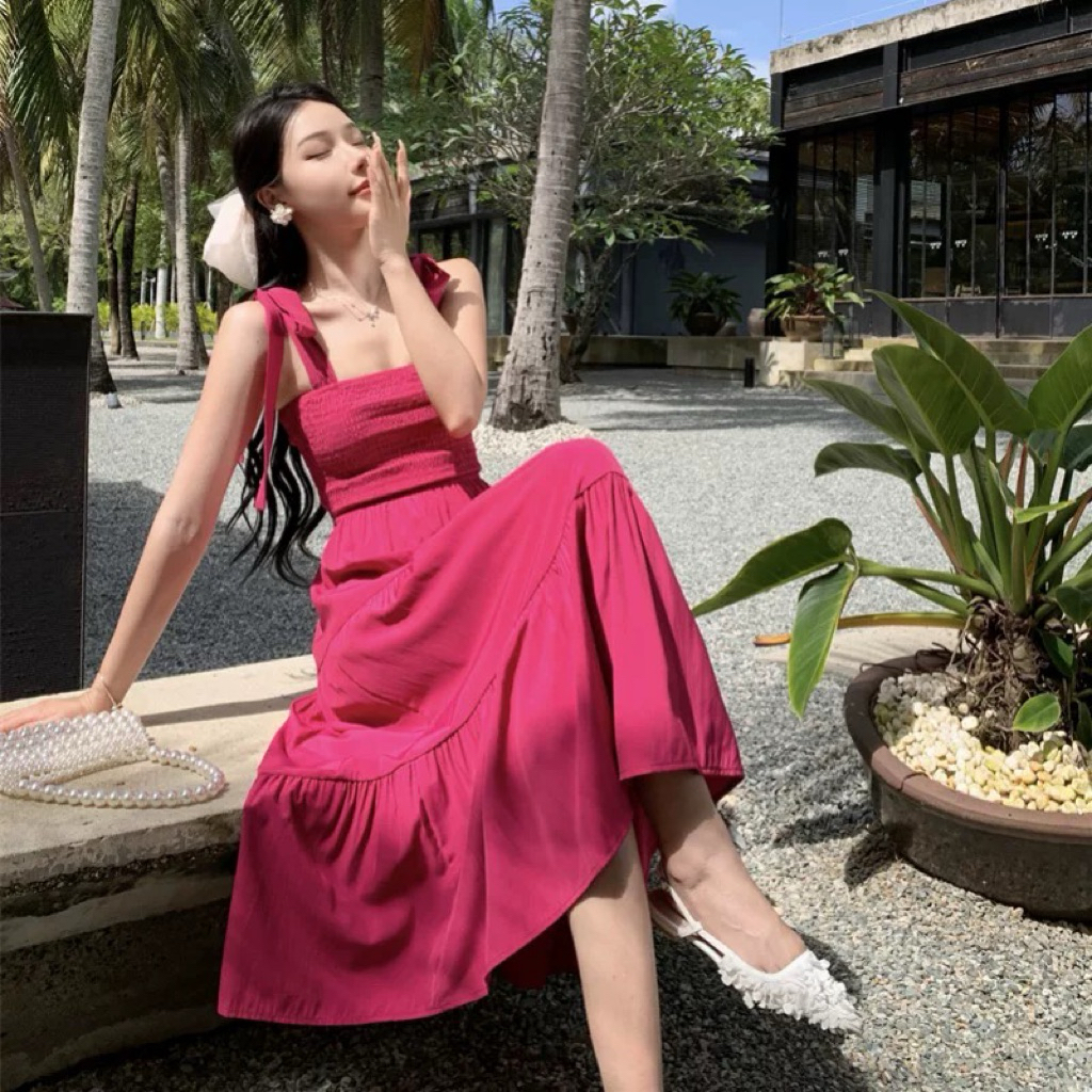 LONG WOMEN DRESS HOT PINK BEACH GAUN WANITA PANJANG SK239