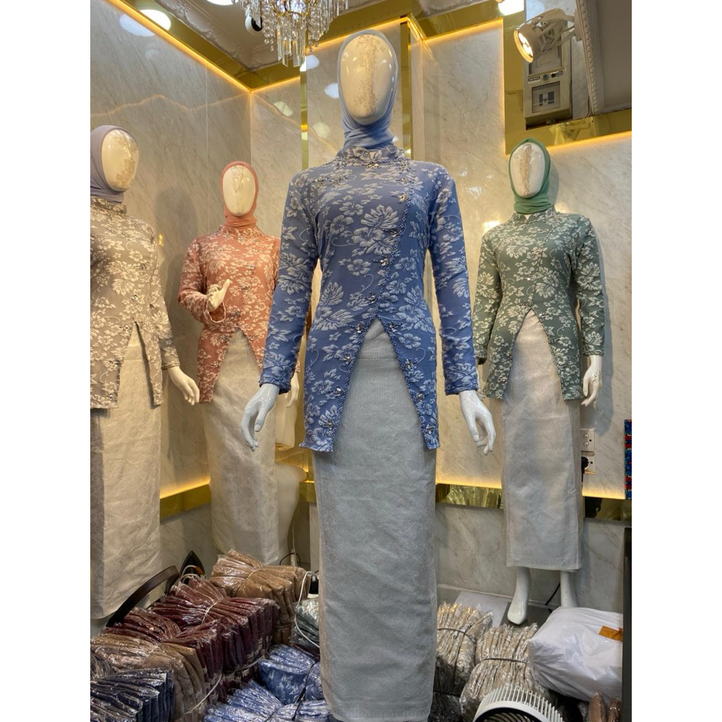 -Permata- Terbaru Set Kebaya Janggan Baby Blue Rok Songket Modern Kebaya Kondangan Outfit Wisuda Lam