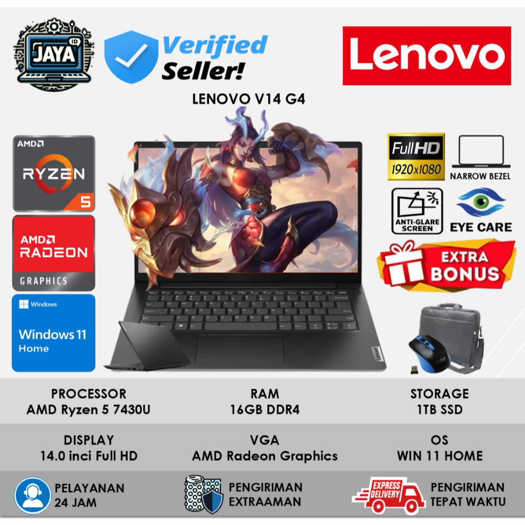 Laptop Baru Lenovo V14 G4 Ryzen 5 7430U Ram 16GB RAM 512GB SSD FHD Win11Home OHS Iron Grey