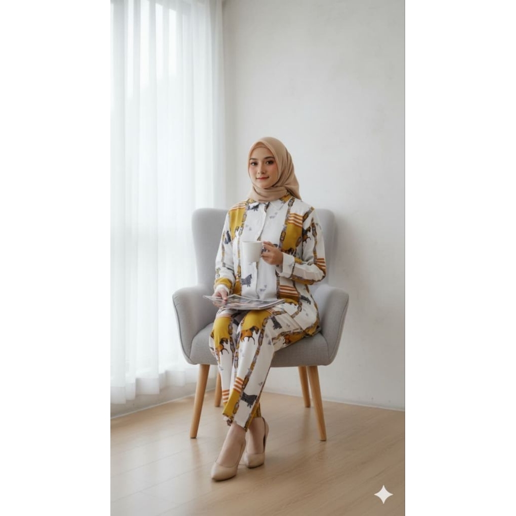 Amaya One Set Rayon Premium Full Kancing Lengan panjang Motif Setelan Celana By Mafaza Galleryy