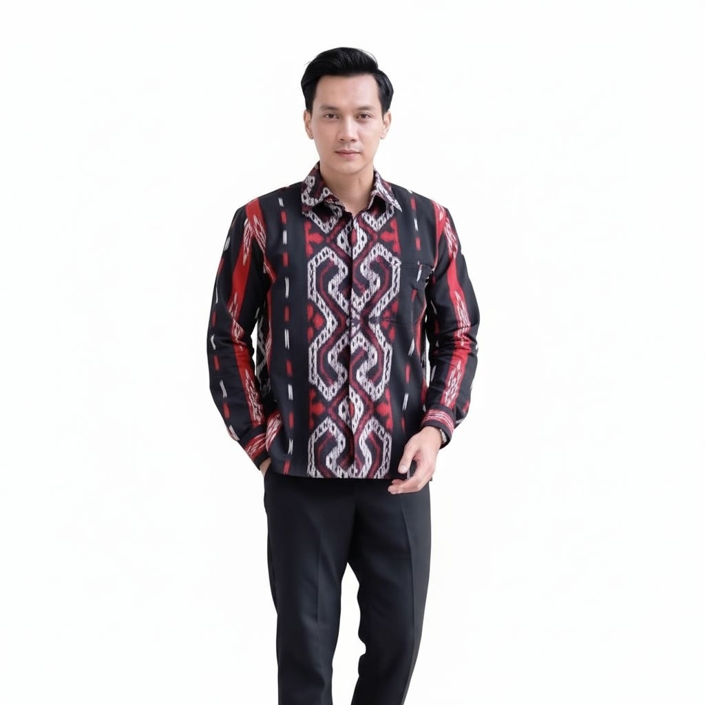 KEMEJA TENUN PRIA LENGAN PANJANG WARNA HITAM MOTIF TORAJA NTT