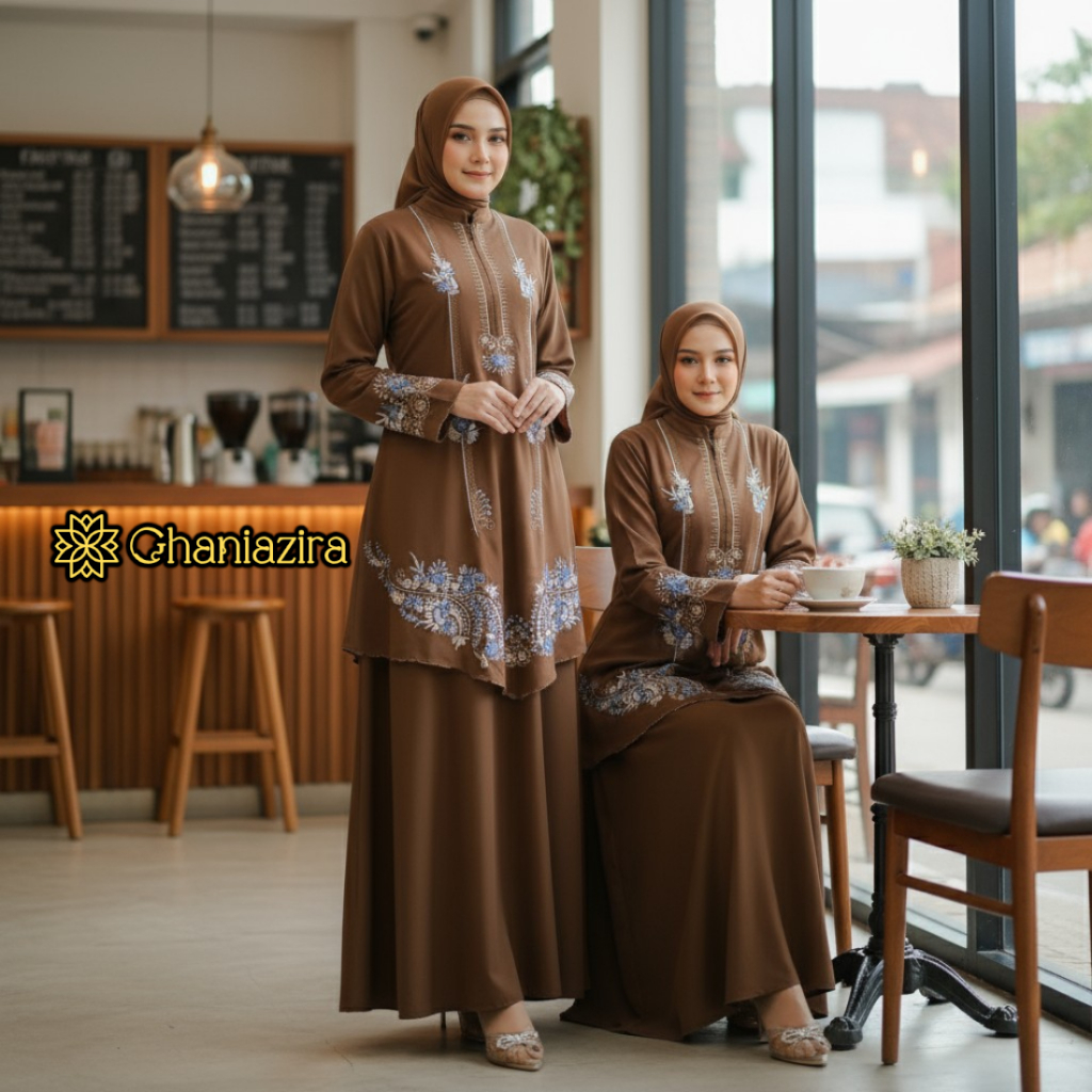 Ghaniazira - Dress Malaysia Gamis Set Hijab Bordir Simpel Elegan Baju Syari Wanita Muslim Kekinian