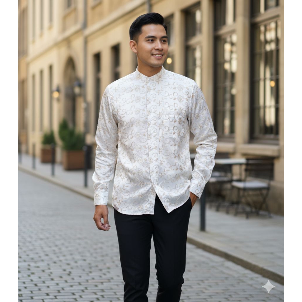 ASB Baju Koko Pria Kemeja Putih Lengan Panjang Full Bordir Emas Elegan Mewah