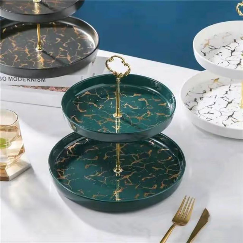 Piring kue susun dua keramik saji marble