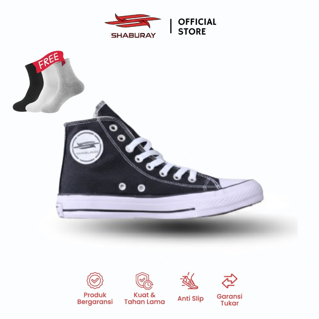 Shaburay 36-43 High Canvas Black White Katana - Sepatu Sneakers Sekolah SD SMP SMA Pria Wanita
