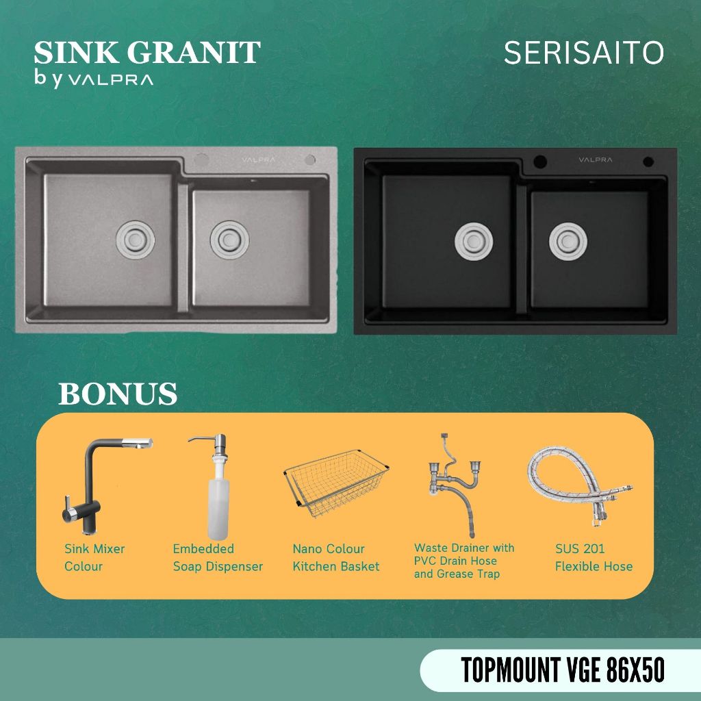 Granite Kitchen Sink V-GE 8650+ KERAN BLACK METALIC / BAK CUCI VALPRA BAHAN GRANIT HITAM ABU-ABU