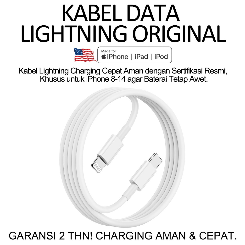 Fast Charging Kabel Lightning Apple MFi - Original & Garansi Resmi - Cocok untuk iPhone 8 9 10 11 12