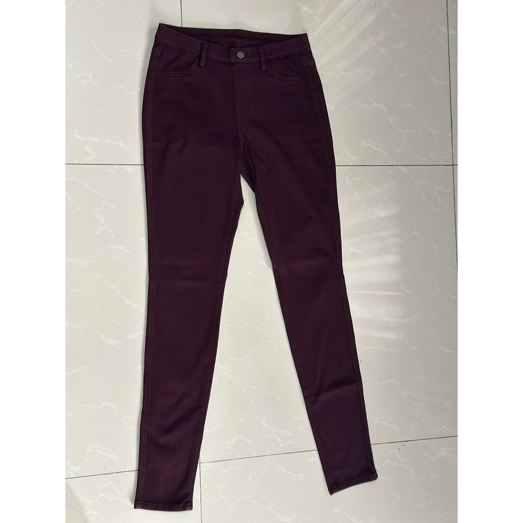 UNIQLO celana panjang skinny fit stretch wanita maroon burgundy