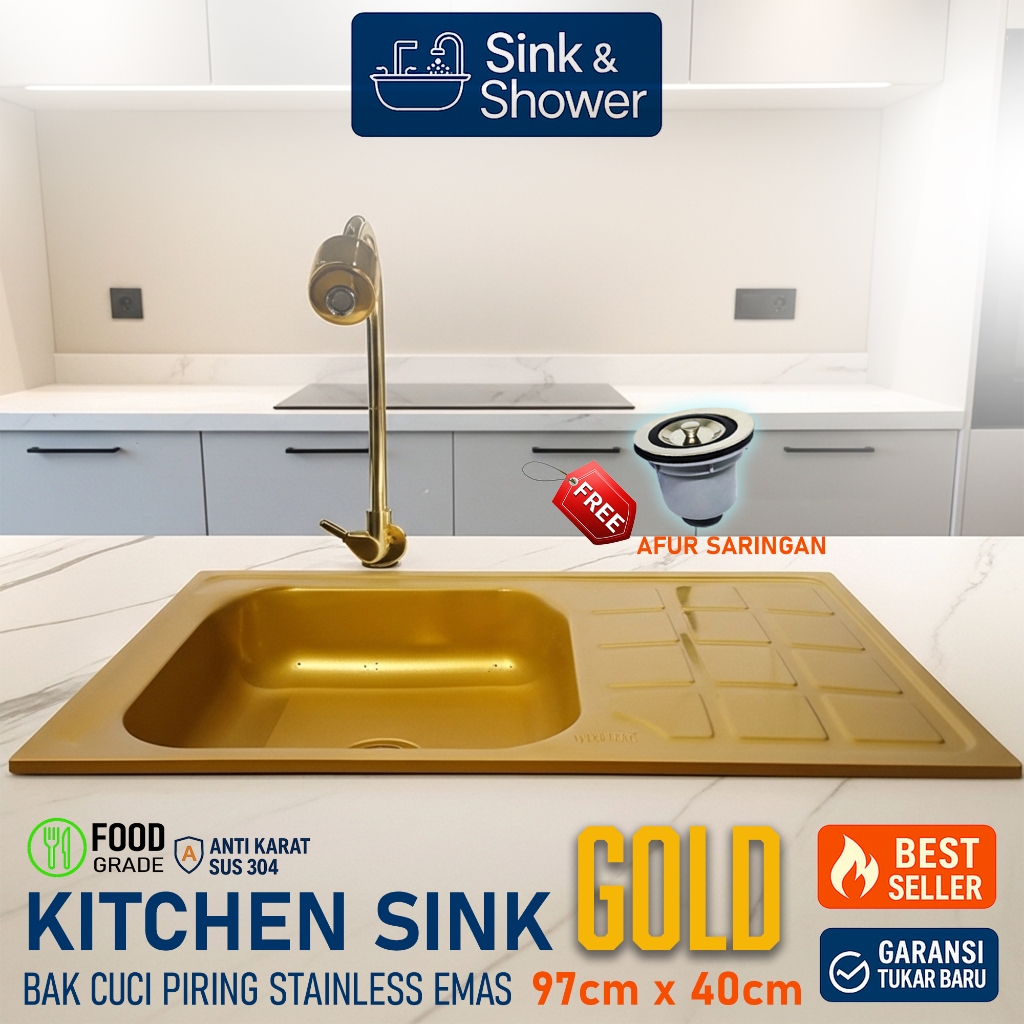 Bak Cuci Piring Stainless Steel 97cm Warna GOLD / Emas Kitchen Sink Wastafel Fullset