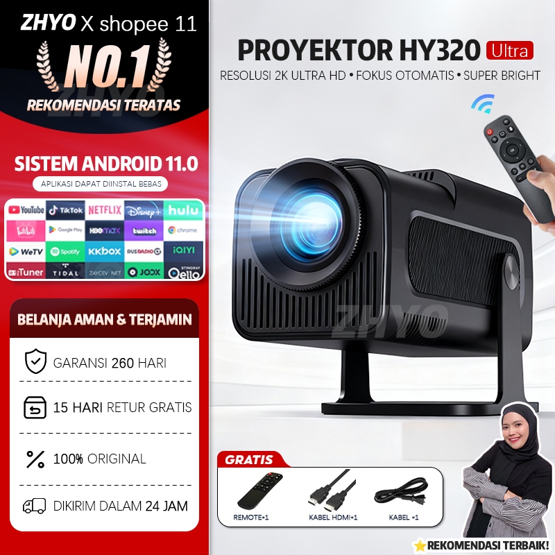 ZHYO Proyektor Mini HY320 1080P Asl WiFi6 Wireless Cast HP Bluetooth 5.0 Portable Projector untuk Ka