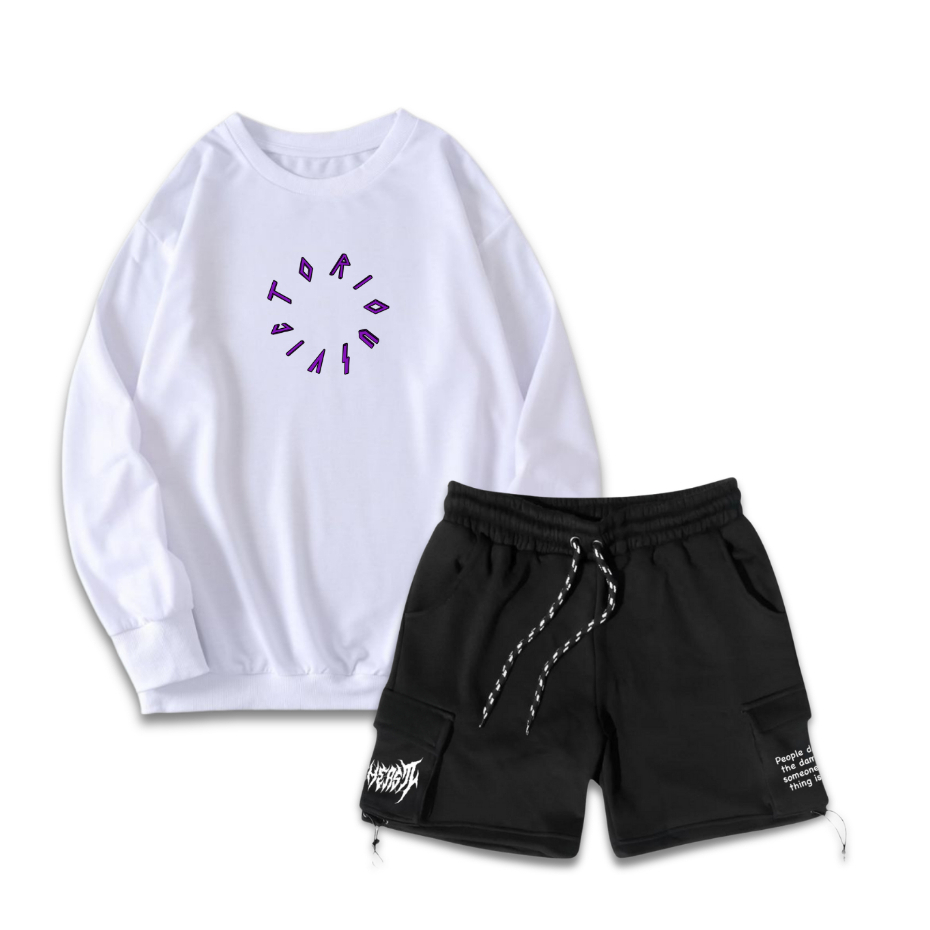 Victorious Style Satu Paket Setelan Swetear Crewneck Dengan Cargo PendeK Hitam Pria Wanita Terbaru K