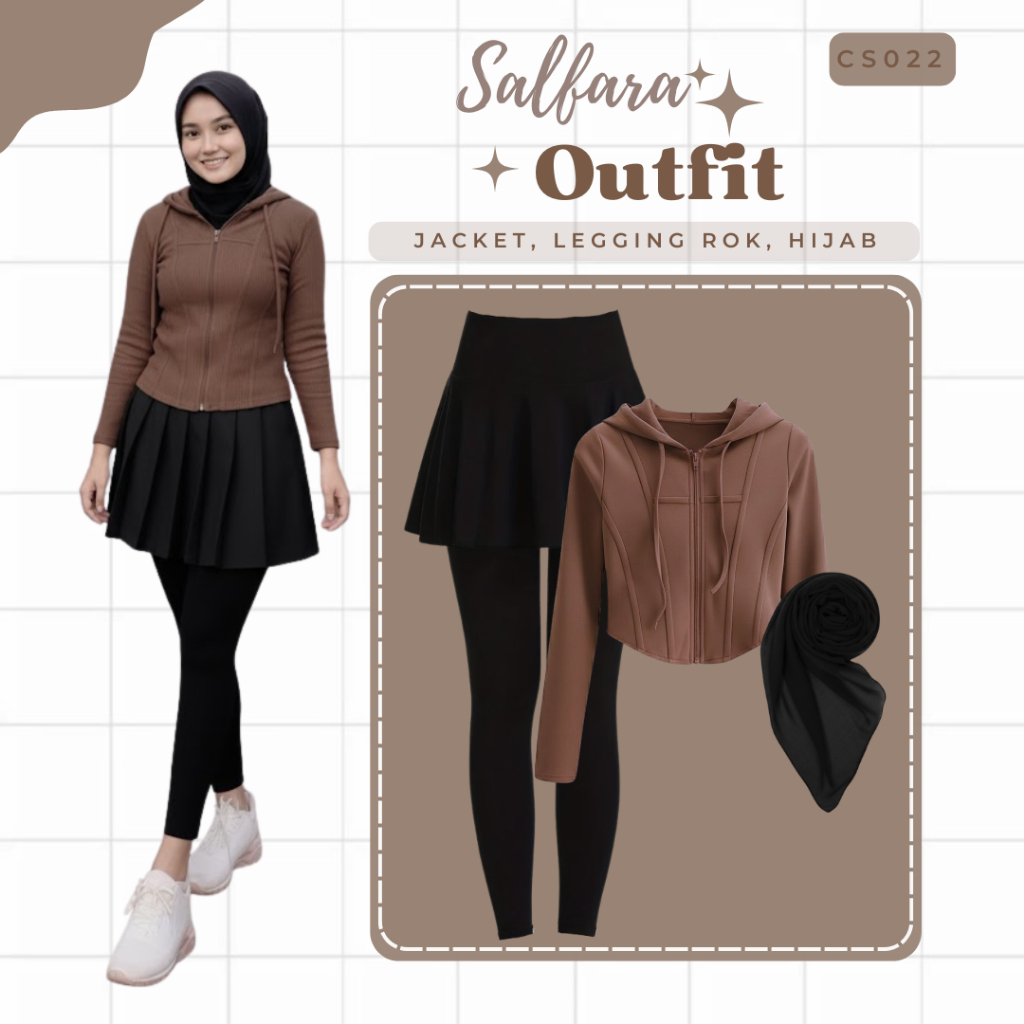 3In1 One Set Olahraga || Jacket Ziper, Legging Rok, Hijab Bella Square || Outfit Pilates/Padel CS092